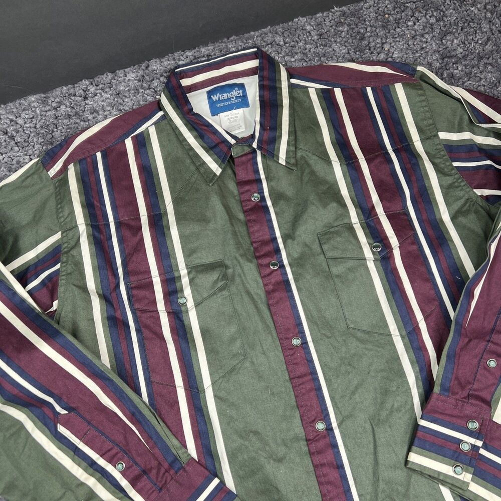 Wrangler Shirt Mens XL Green Red Striped Pearl Snap Western Rodeo Brushpopper